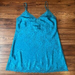 Victoria Secret Gold Label Y2K Blue Satin Slip Dress Lace Women L Coquette